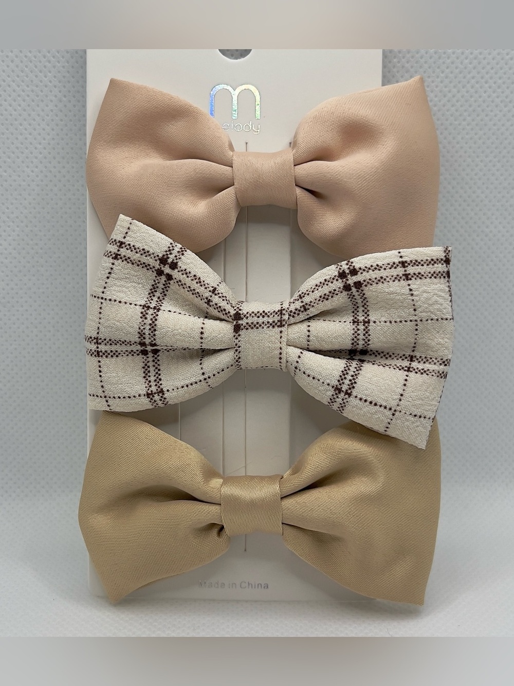 3Pcs Bow Hair Clips  – Beige Satin & Plaid Fabric Hair Bows Boutique